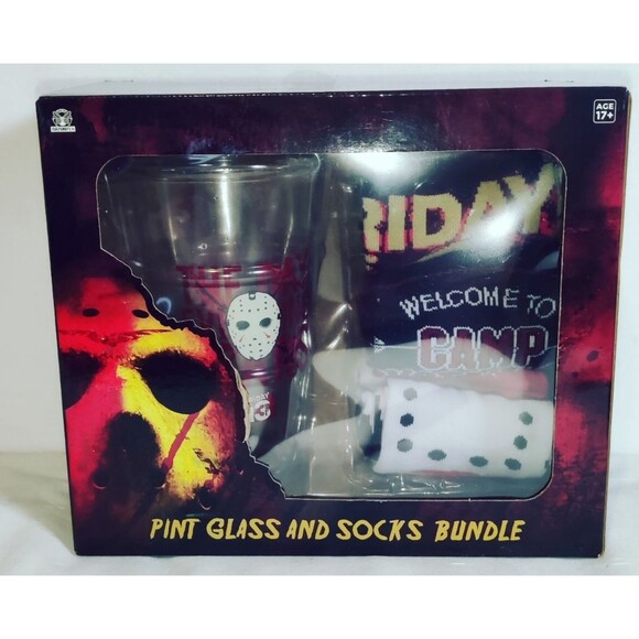 Friday the 13th 16 oz Pint Glass and 3 Pair of Crew Socks Bundle Jason Voorhees - Picture 1 of 7
